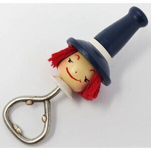 1956 Menschik Wooden Head Bottle Opener Red Yarn Hair & Metal Opener 5"